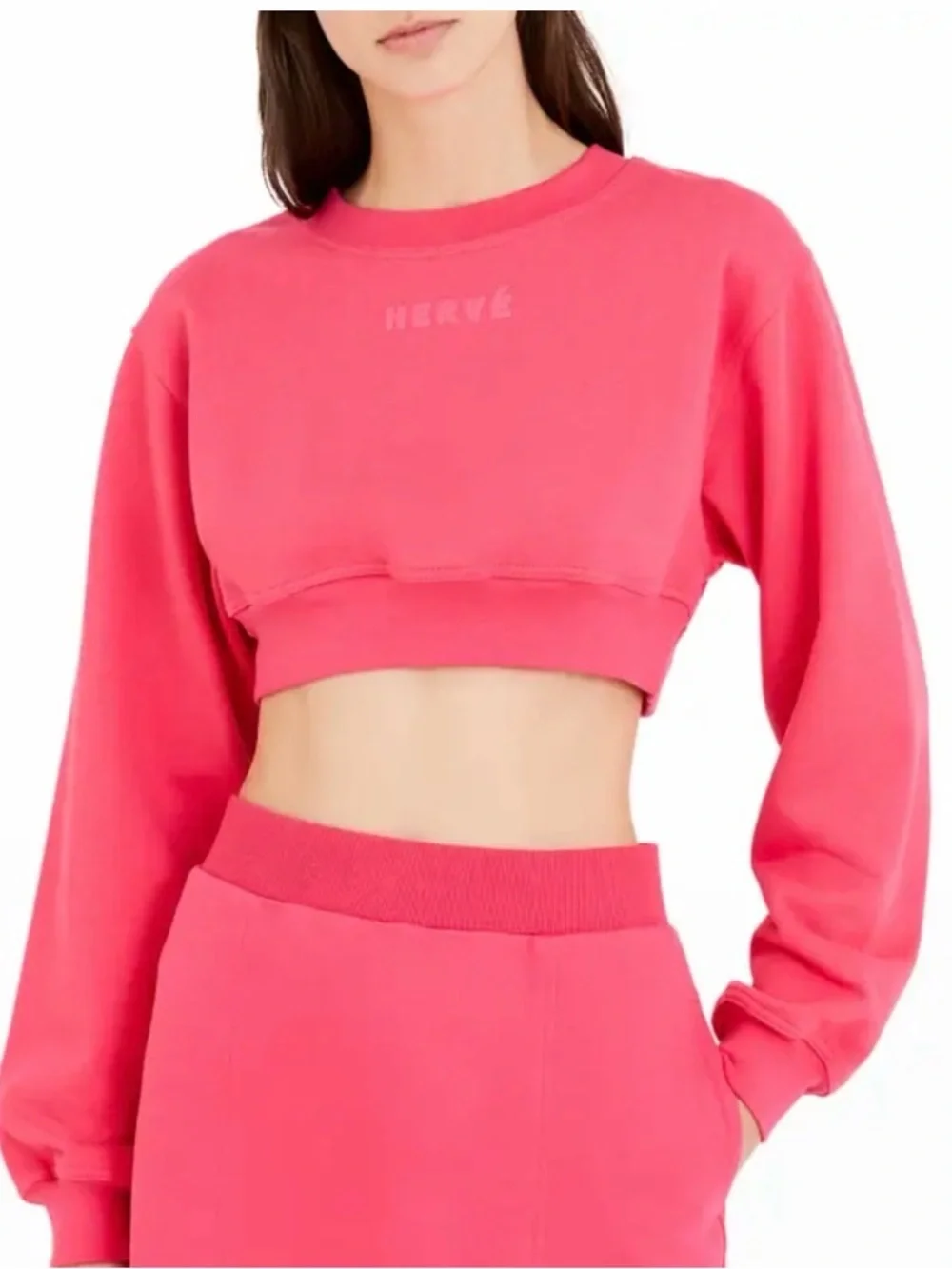 Herve Leger Women’s Small Pink Cropped Logo Sweatshirt S Long Sleeve Pullover